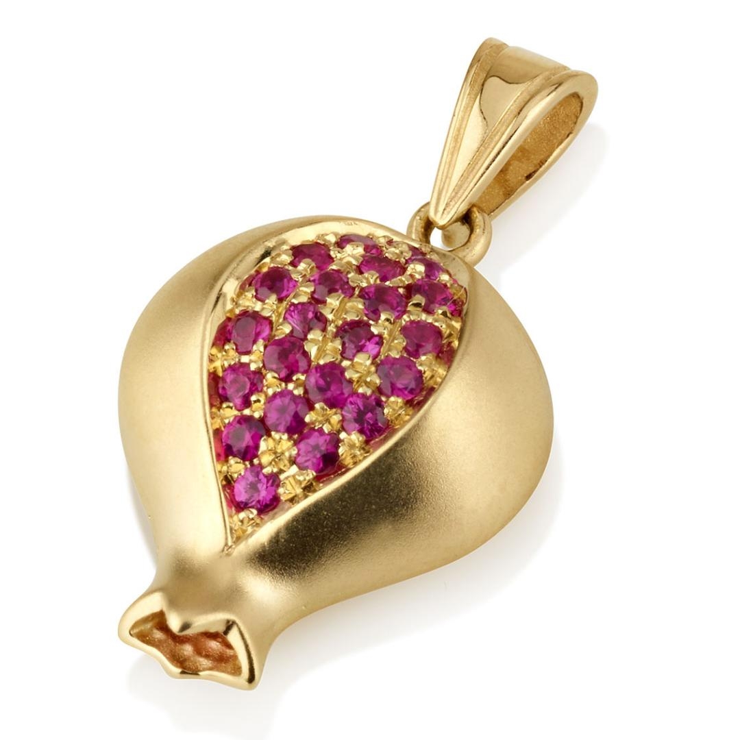 14K Gold Pomegranate Pendant with Ruby Stones - 1