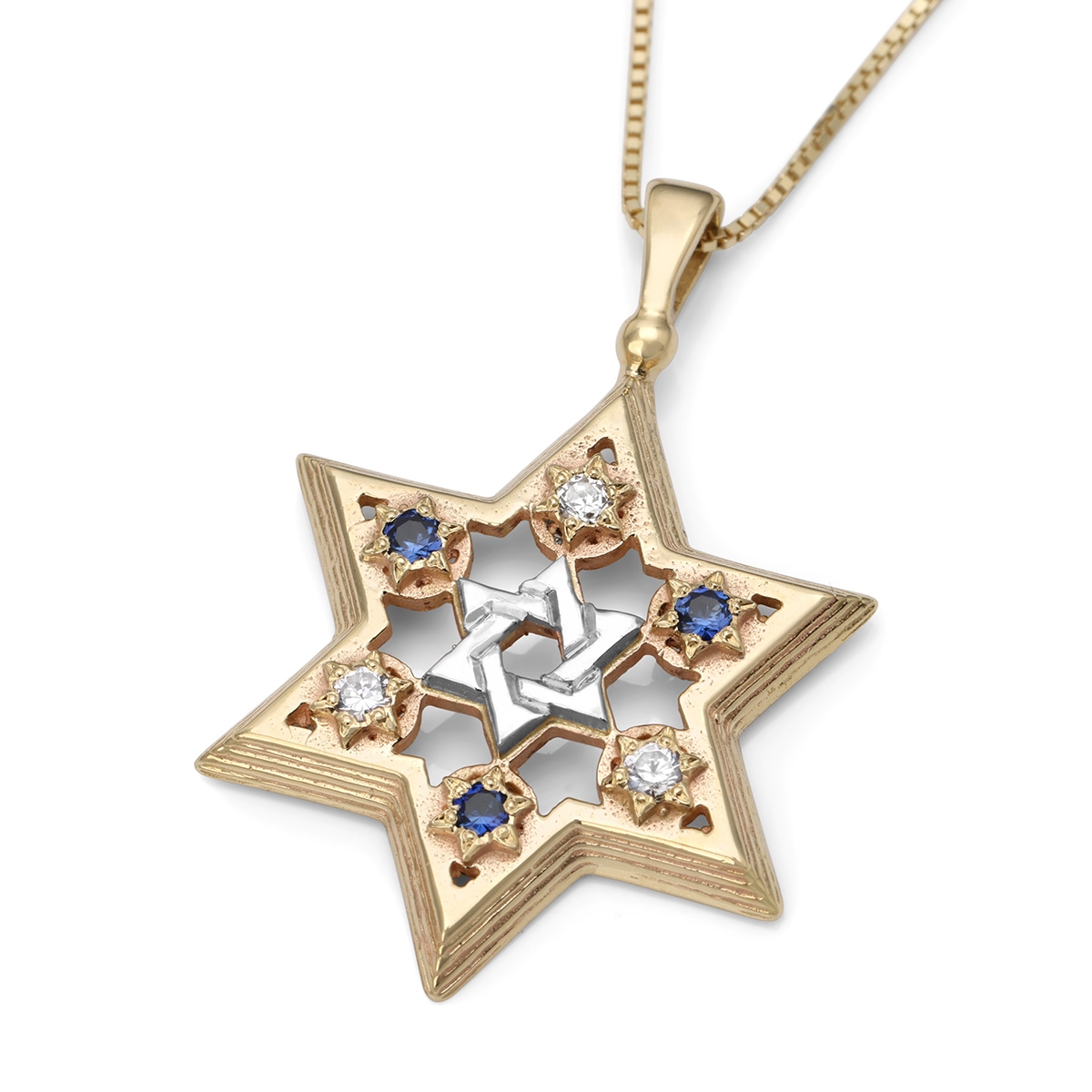 14K Gold Star of David Pendant with Diamonds and Sapphires - 1