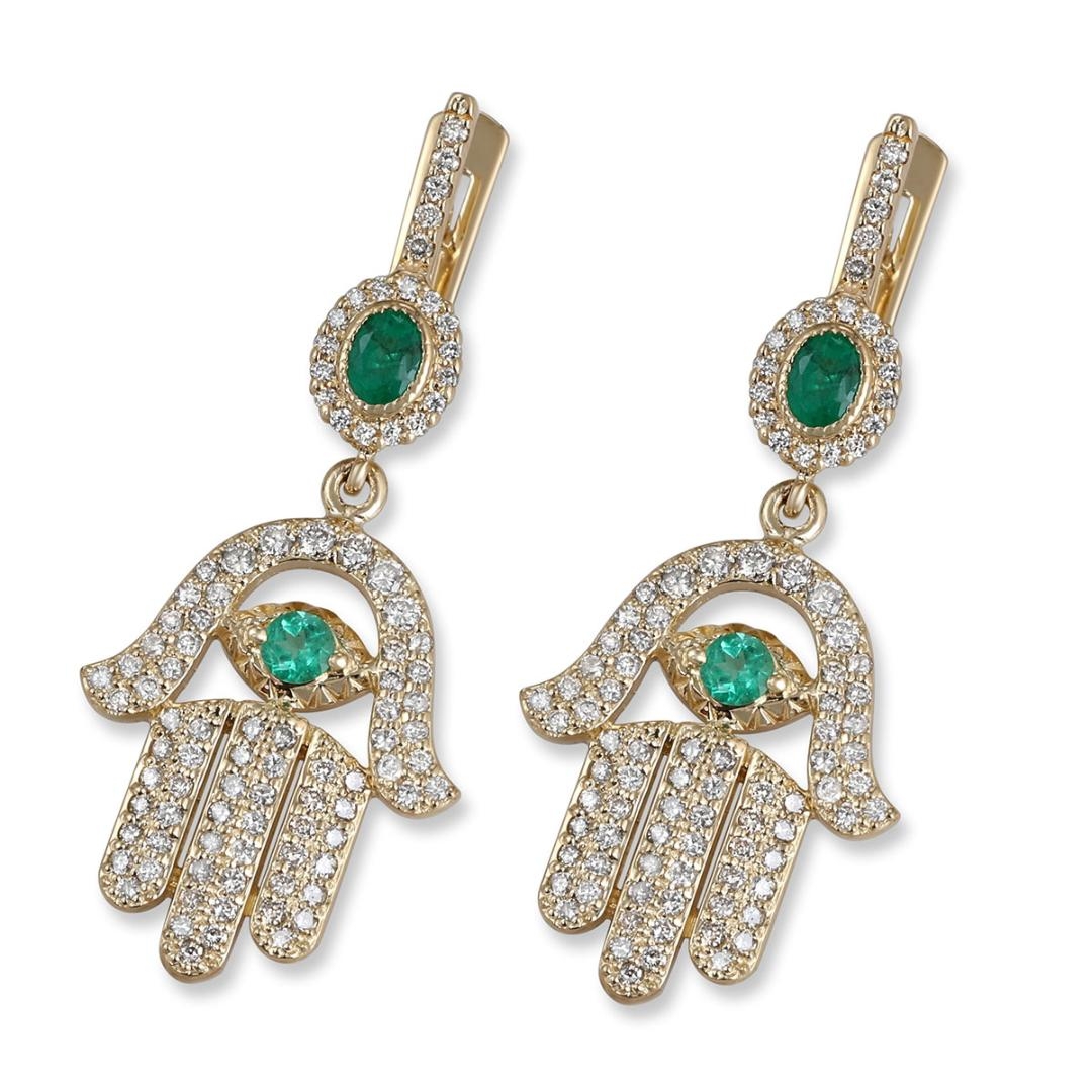 14K Yellow Gold Evil Eye Hamsa Diamond Earrings with Emerald Stones - 1