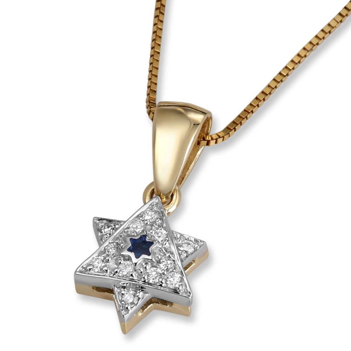 14K Yellow & White Gold Diamond Star of David Pendant with Blue Enamel  - 3