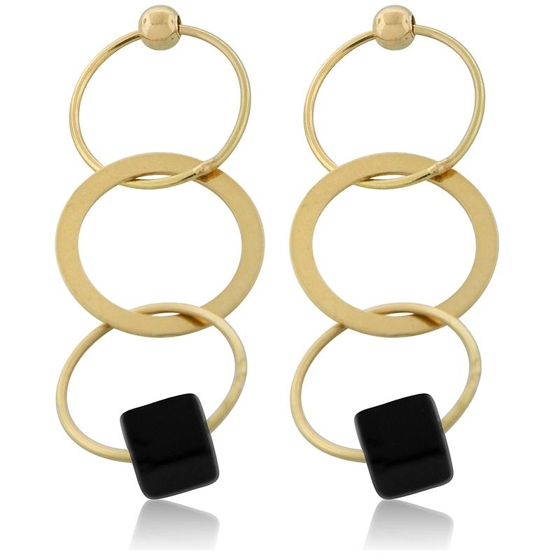 18K Yellow Gold Triple Ring Earrings with Black Gemstones - 1