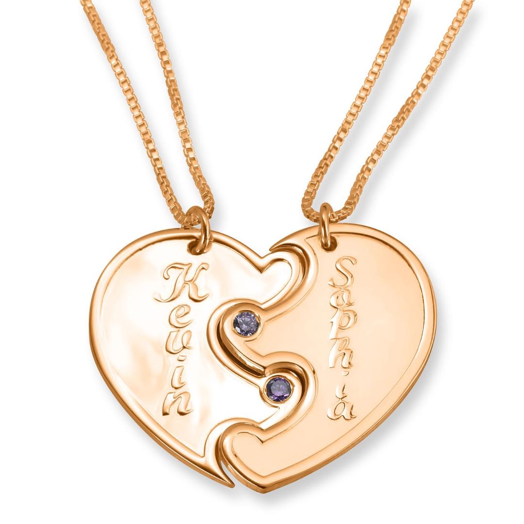 24K Rose Gold Couple's Split Love Heart Names Necklaces with Birthstones - 1