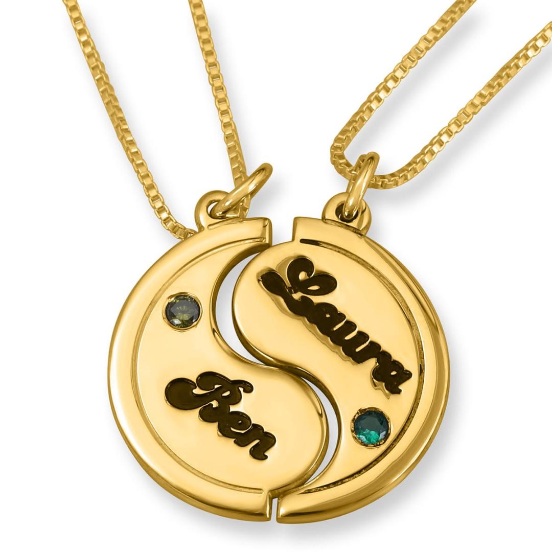 24K Yellow Gold Couple's Yin & Yang Names Necklaces with Birthstones - 1