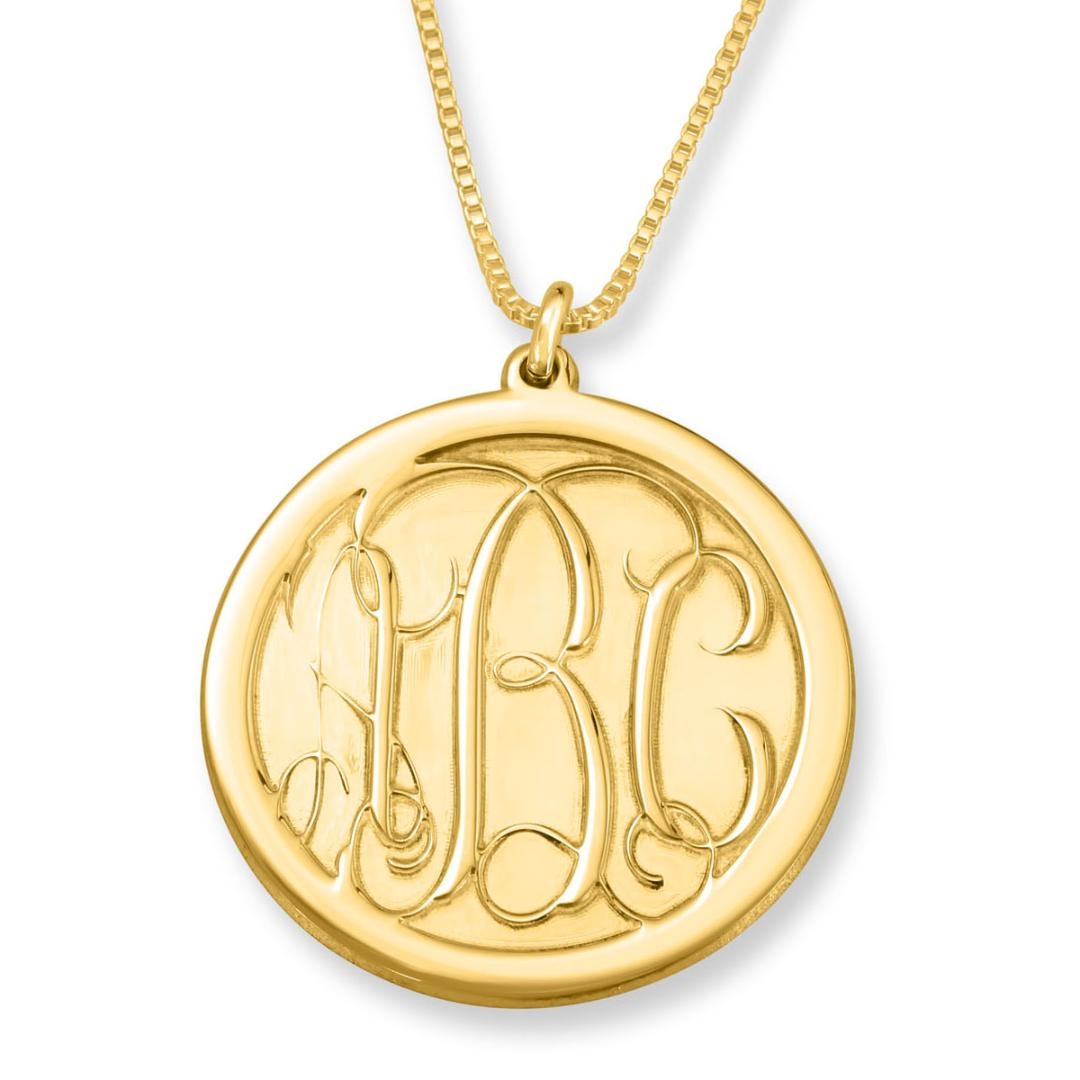 24K Yellow Gold Plated Circle Necklace with Monogram KK Engraving - 1