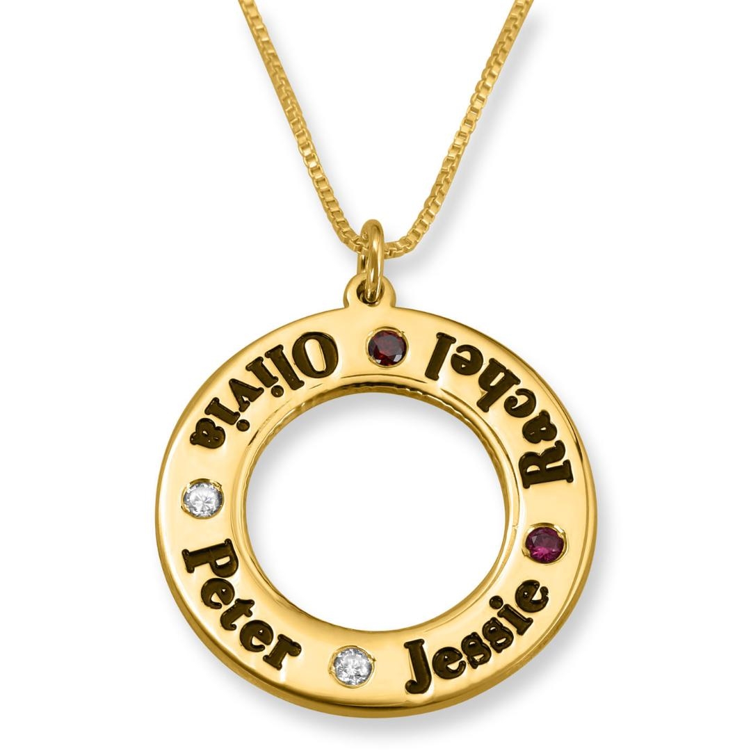 24K Yellow Gold Plated Circular English Names Necklace with Birthstones - 1