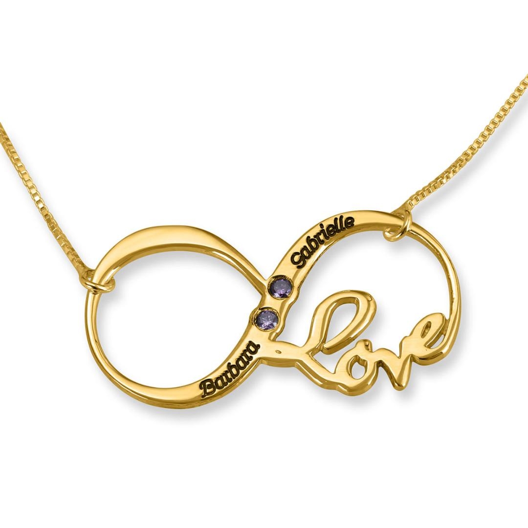 24K Yellow Gold Plated Double Thickness Infinity Name Necklace with Two Birthstones - 1