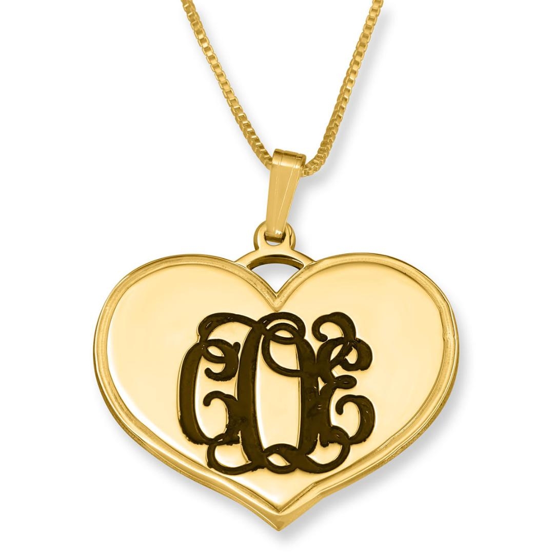 24K Yellow Gold Plated Love Heart Necklace with Monogram Engraving - 1