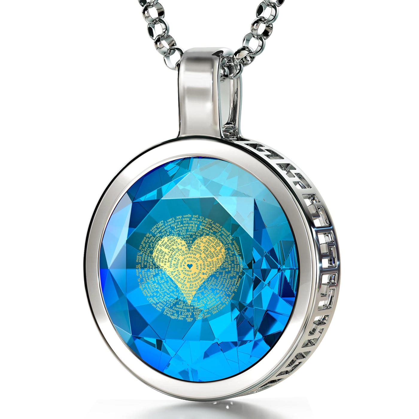 Sterling Silver and Large Cubic Zirconia Necklace Micro-Inscribed with 24K Gold Heart and "I Love You" in 120 Languages - 1