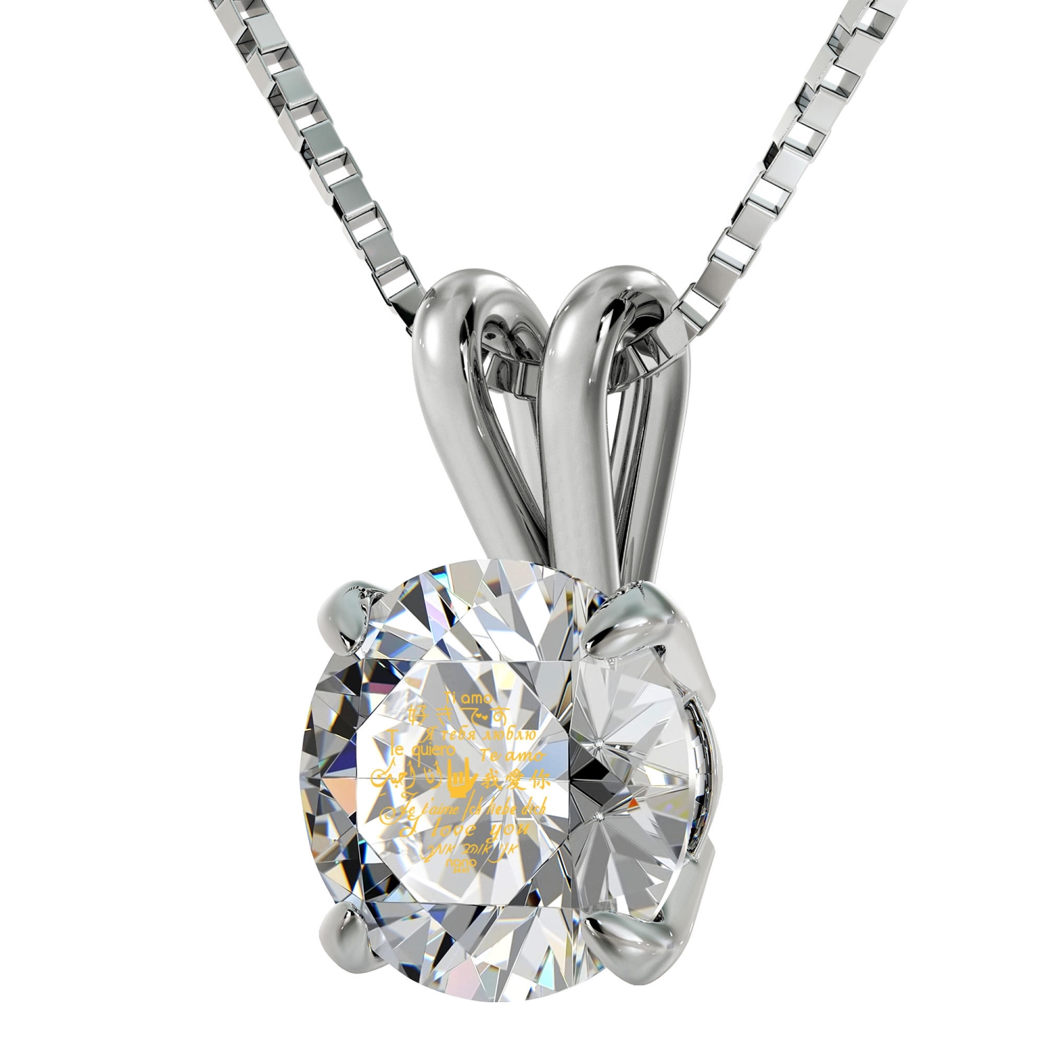 "I Love You" in 12 Languages: Sterling Silver and Swarovski Stone Necklace Micro-Inscribed with 24K Gold - 1