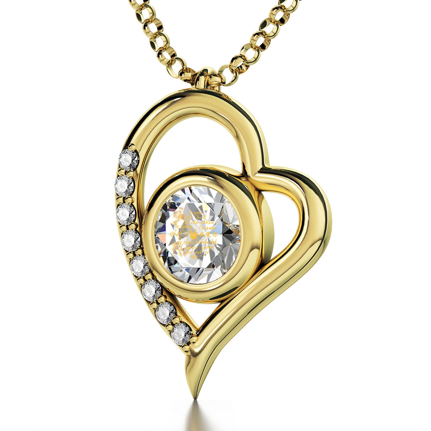 "I Love You" in 12 Languages: 24K Gold Plated and Swarovski Stone Heart Necklace Micro-Inscribed with 24K Gold - 1