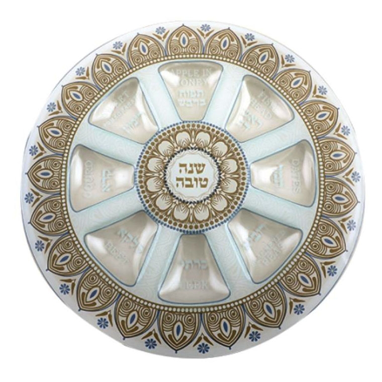 Glass Rosh Hashanah Plate – White with Golden Arabesque Design - 1