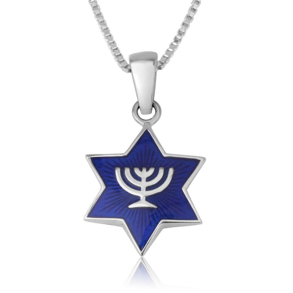 Marina Jewelry Sterling Silver and Blue Enamel Star of David Pendant With Menorah - 1