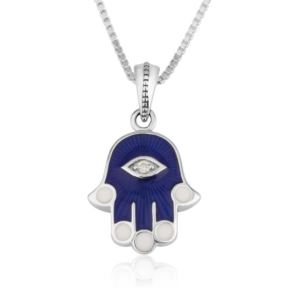 Sterling Silver and Blue Sapphire Hamsa Necklace With Zirconia Stone - 1
