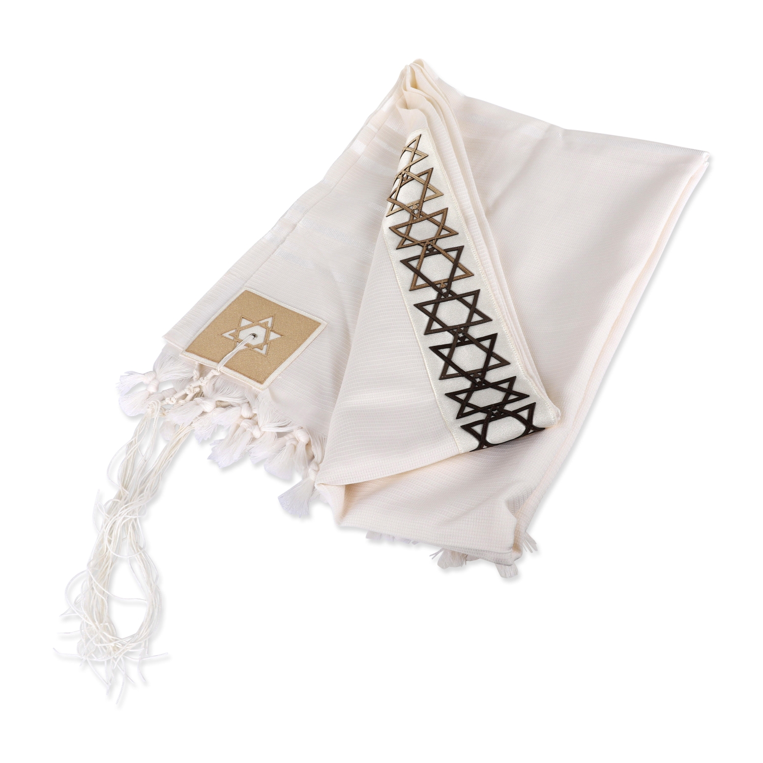Avi Luvaton Hand Embroidered Stars of David Wool Tallit - Gold and Brown - 1