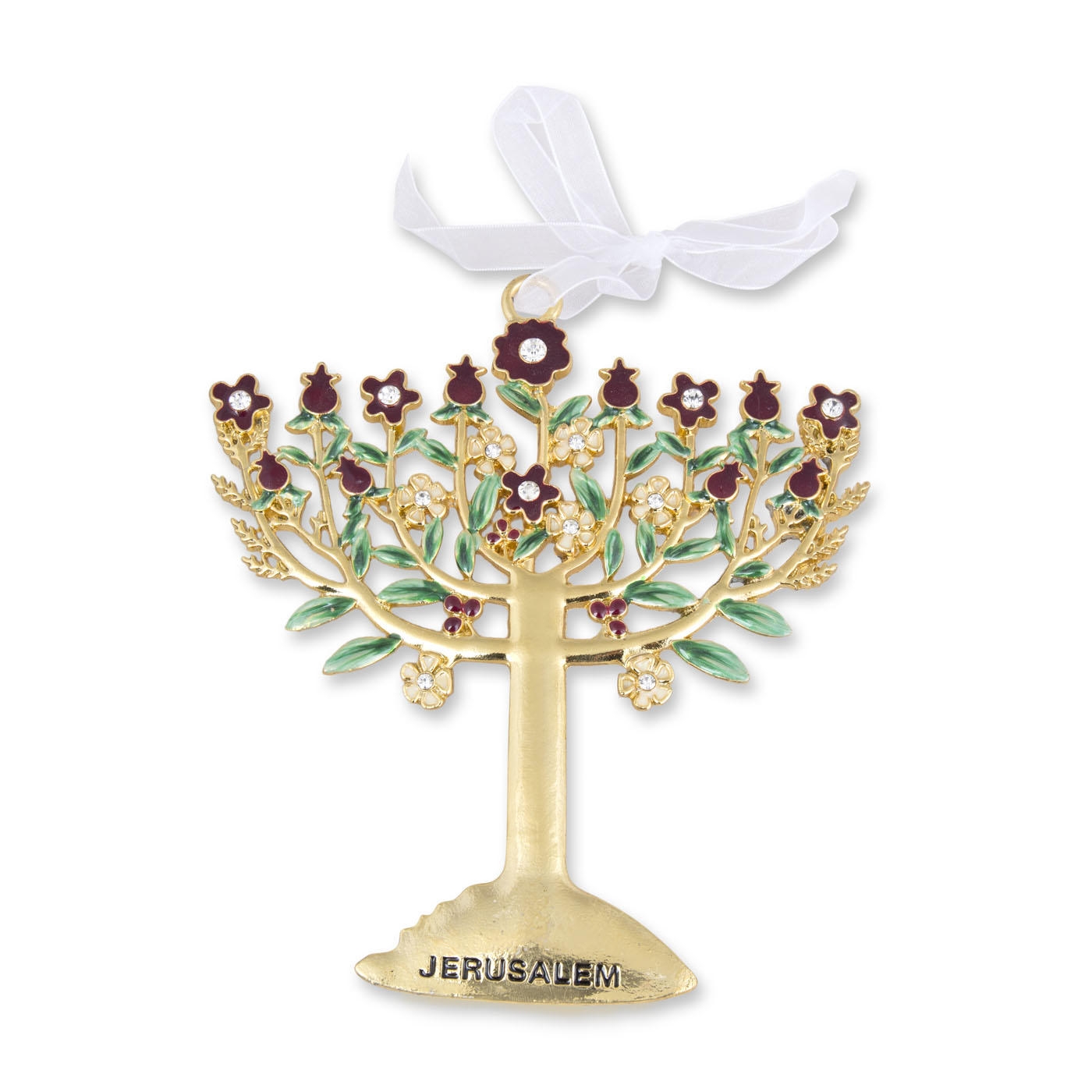 Gold Plated Jeweled Menorah Wall Hanging - Pomegranates and Flowers (Choice of Colors) - 3