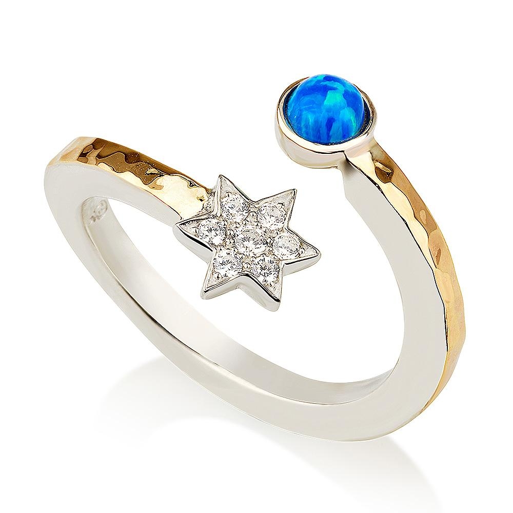 925 Sterling Silver & 9K Gold Shooting Star Ring with Opal and Zircon Stones - 1