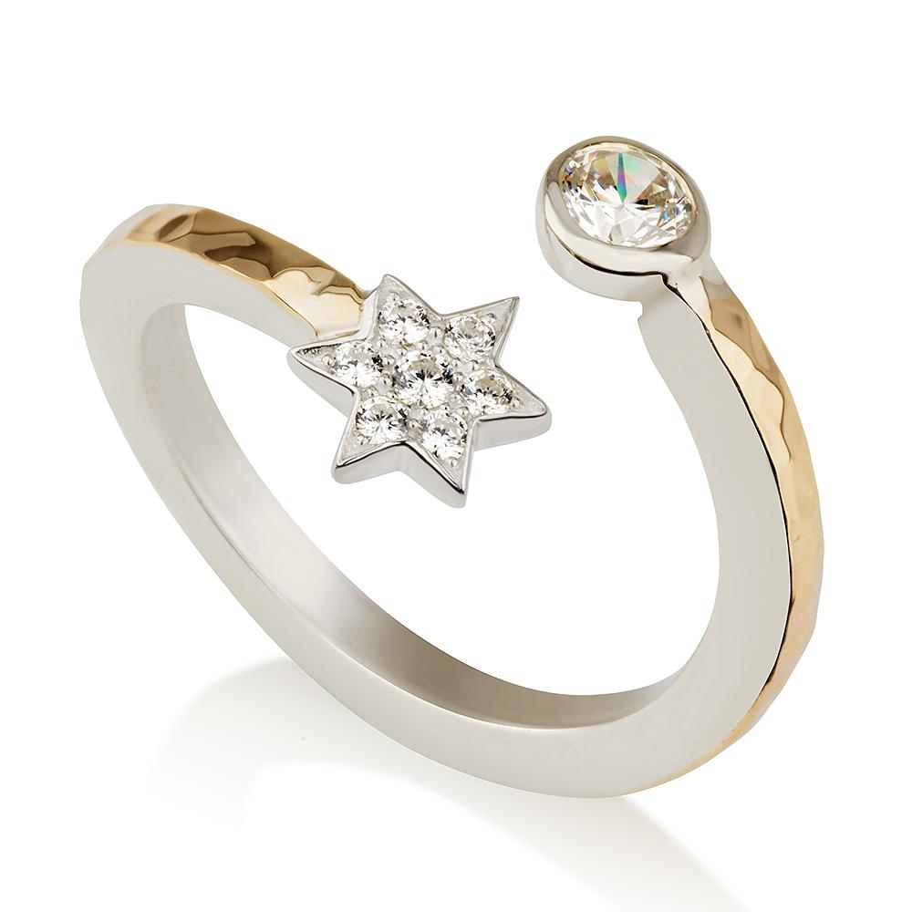 925 Sterling Silver & 9K Gold Shooting Star of David Ring with Zircon Stones - 1