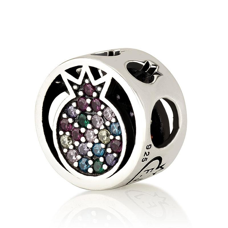 925 Sterling Silver Circular Pomegranate Bead Charm with Multicolored Zircon Stones – Rhodium Plated  - 1