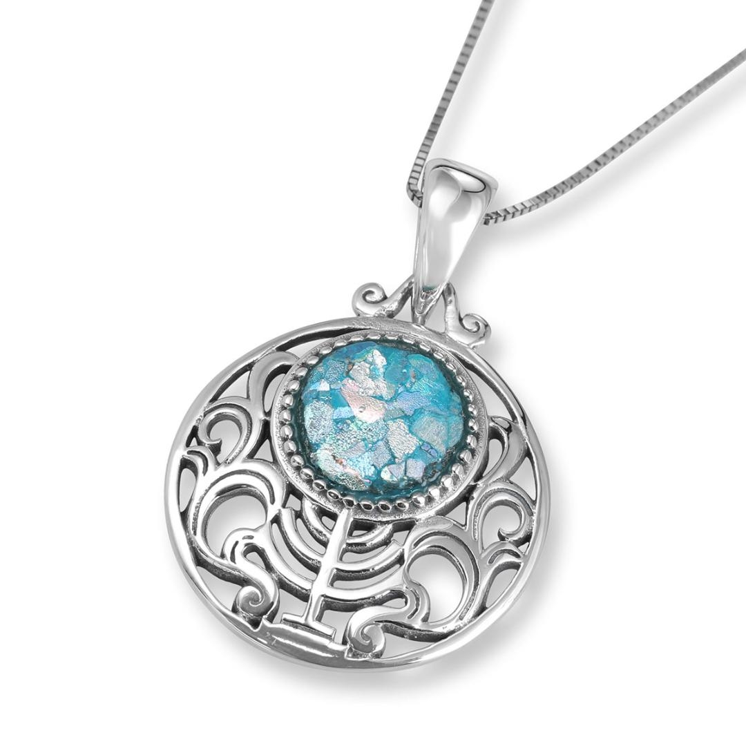 925 Sterling Silver Disc Necklace with Roman Glass & Menorah Filigree Pattern - 1