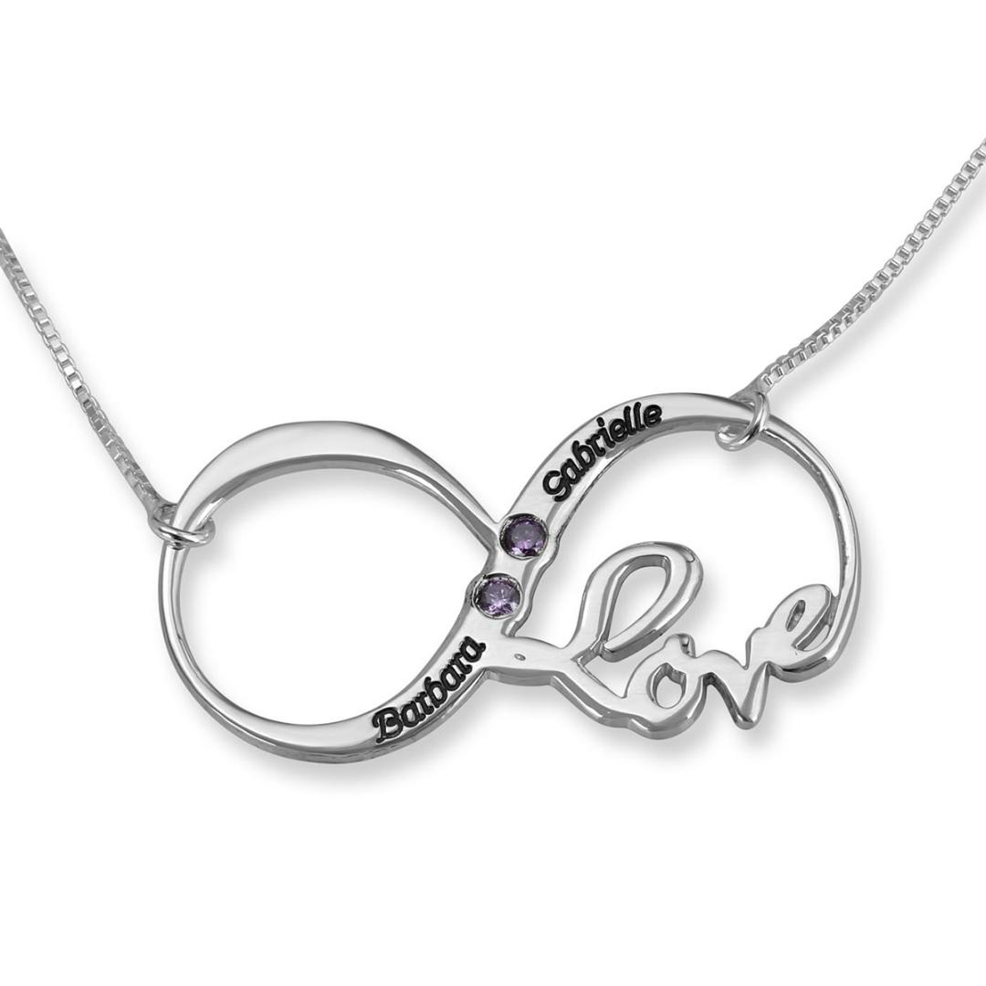 925 Sterling Silver Double Thickness Swarovski Infinity Name Necklace with Two Birthstones - 1