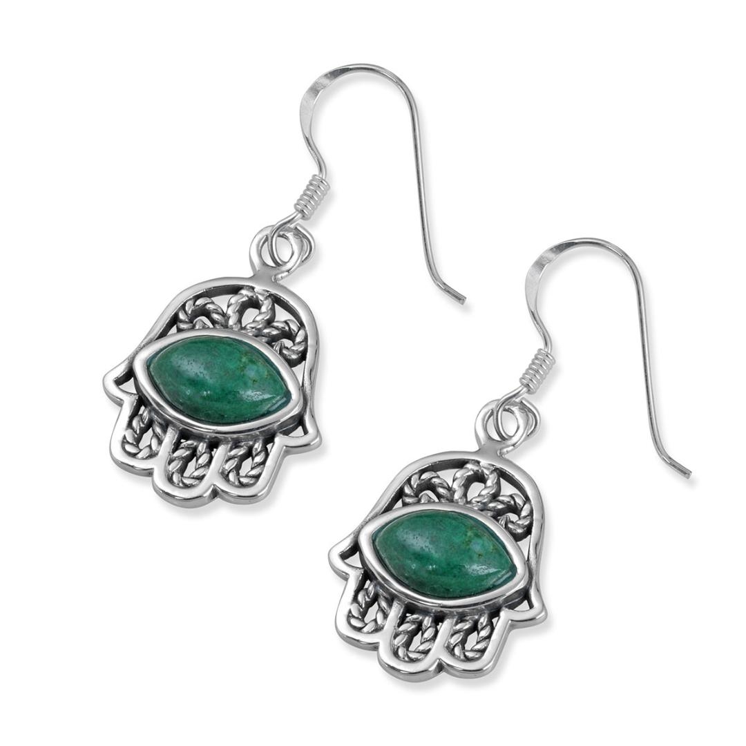 925 Sterling Silver Hamsa and Evil Eye Earrings with Eilat Stone - 1