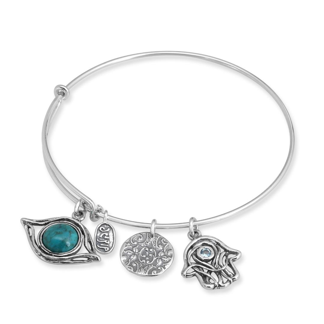 925 Sterling Silver Hamsa & Evil Eye Bracelet with Turquoise and Blue Topaz Stones - 1