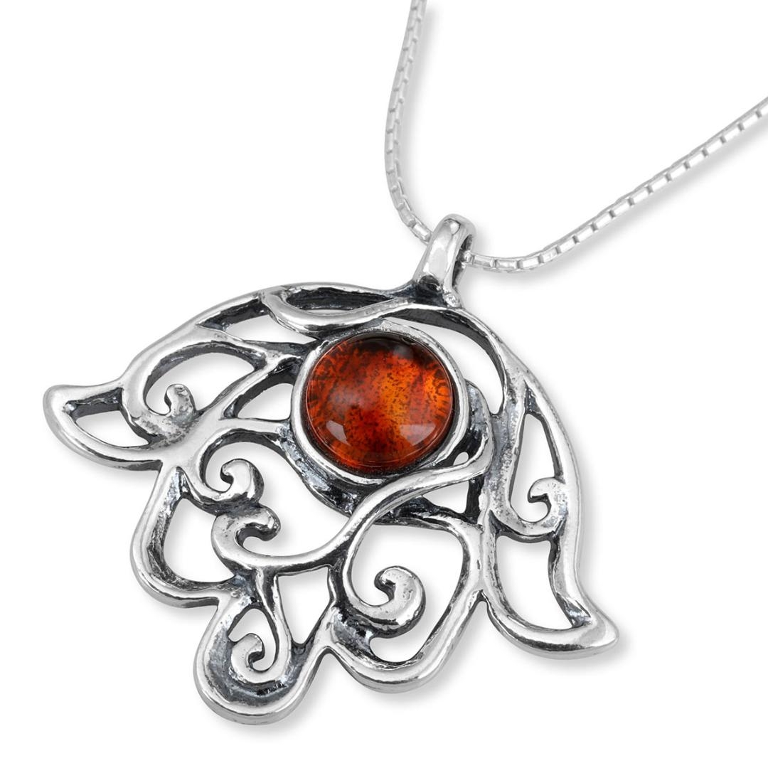 925 Sterling Silver Hamsa Necklace with Amber Stone - 1
