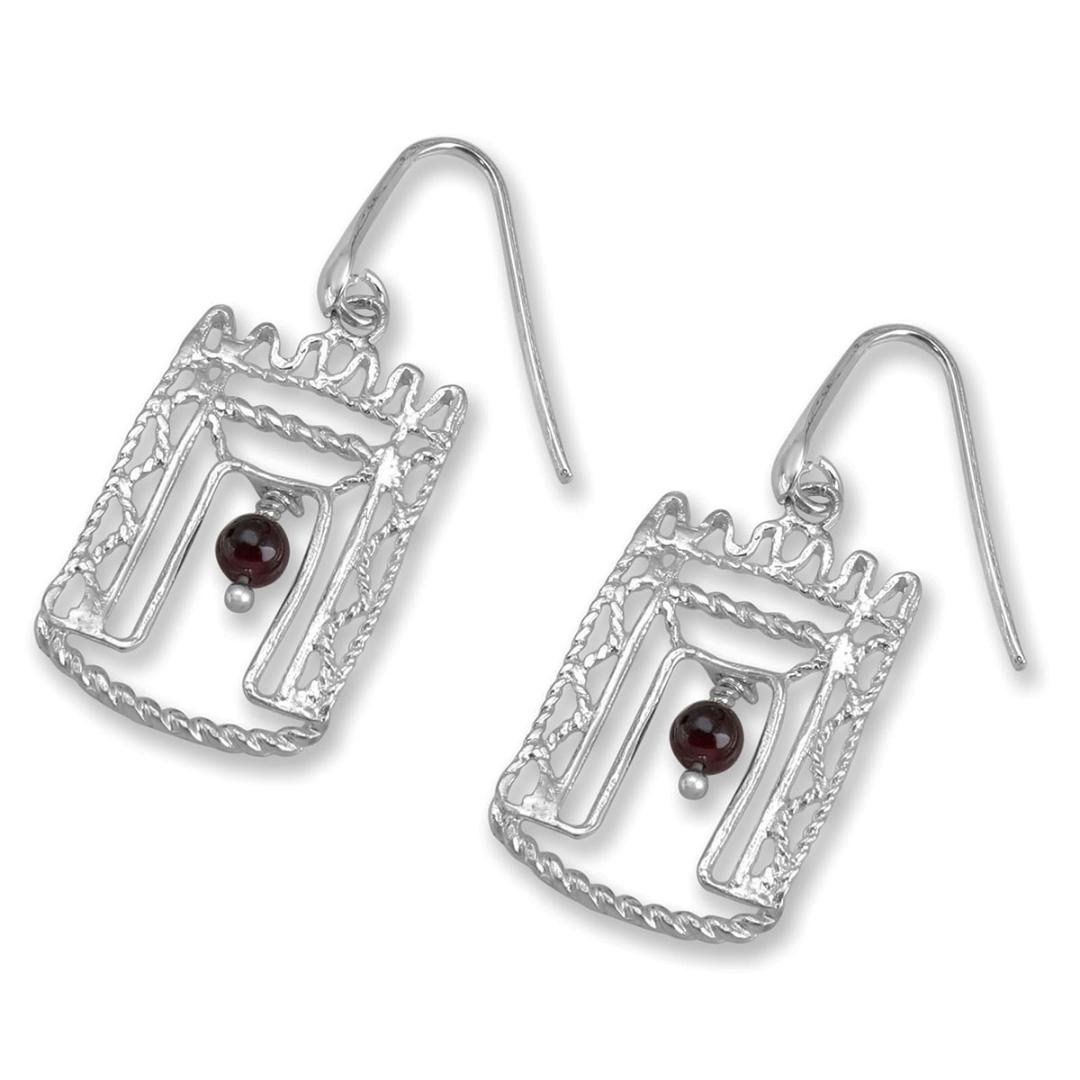 925 Sterling Silver Jerusalem Temple Earrings with Garnet Stone - 1