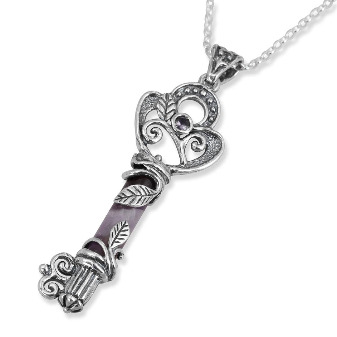 925 Sterling Silver Key Necklace with Leaf Pattern & Amethyst  - 1