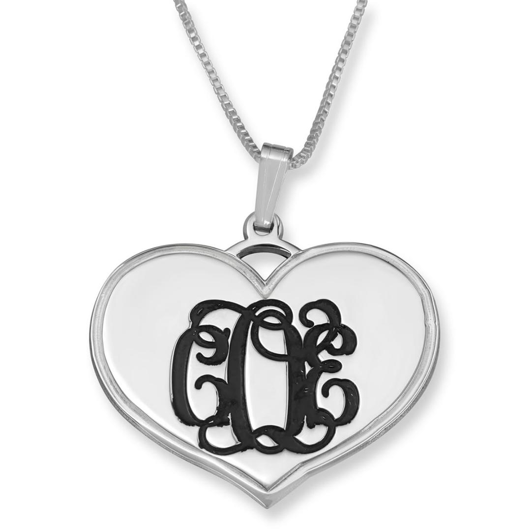 925 Sterling Silver Love Heart Necklace with Monogram Engraving - 1
