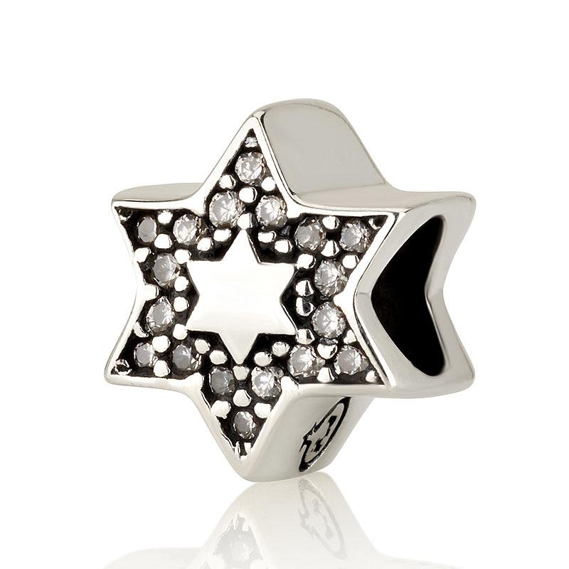 925 Sterling Silver Modern Star of David Bead Charm with Zircon Stones – Rhodium Plated - 1