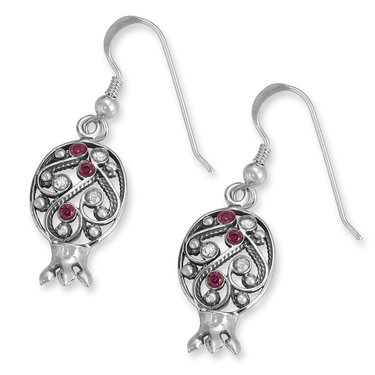 925 Sterling Silver Pomegranate Earrings With Rubies and Quartz - 1