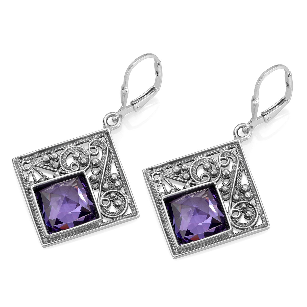 925 Sterling Silver Square Filigree Earrings With Amethyst Stone - 1