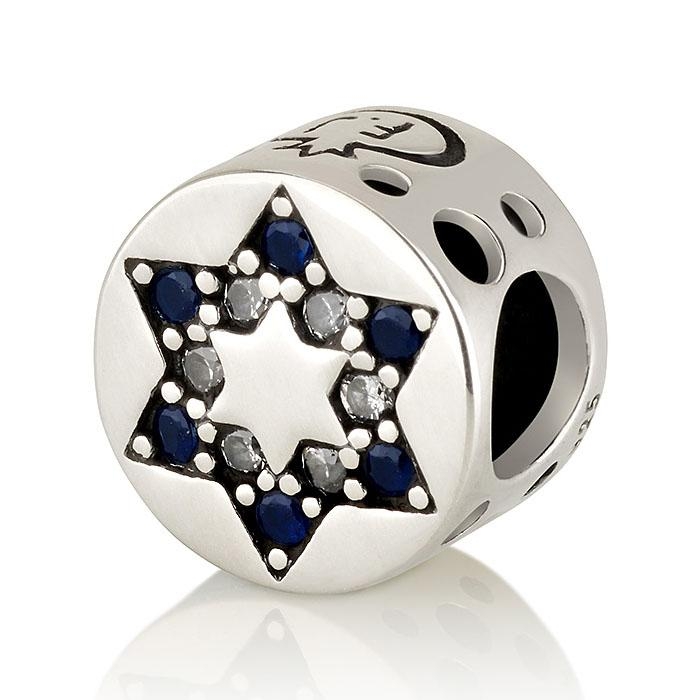 925 Sterling Silver Star of David Circular Bead Charm with Blue & White Zircon Stones – Rhodium Plated - 1