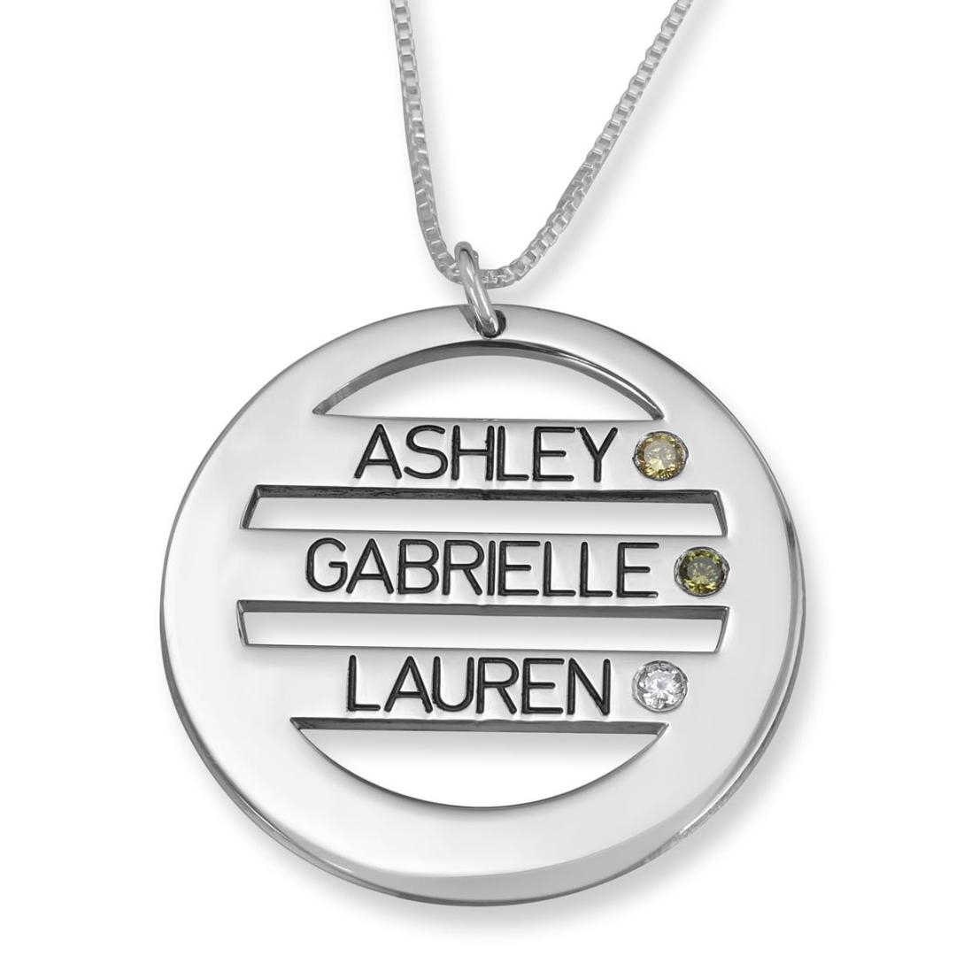 925 Sterling Silver Three English/Hebrew Names Circular Necklace with Birthstones  - 1
