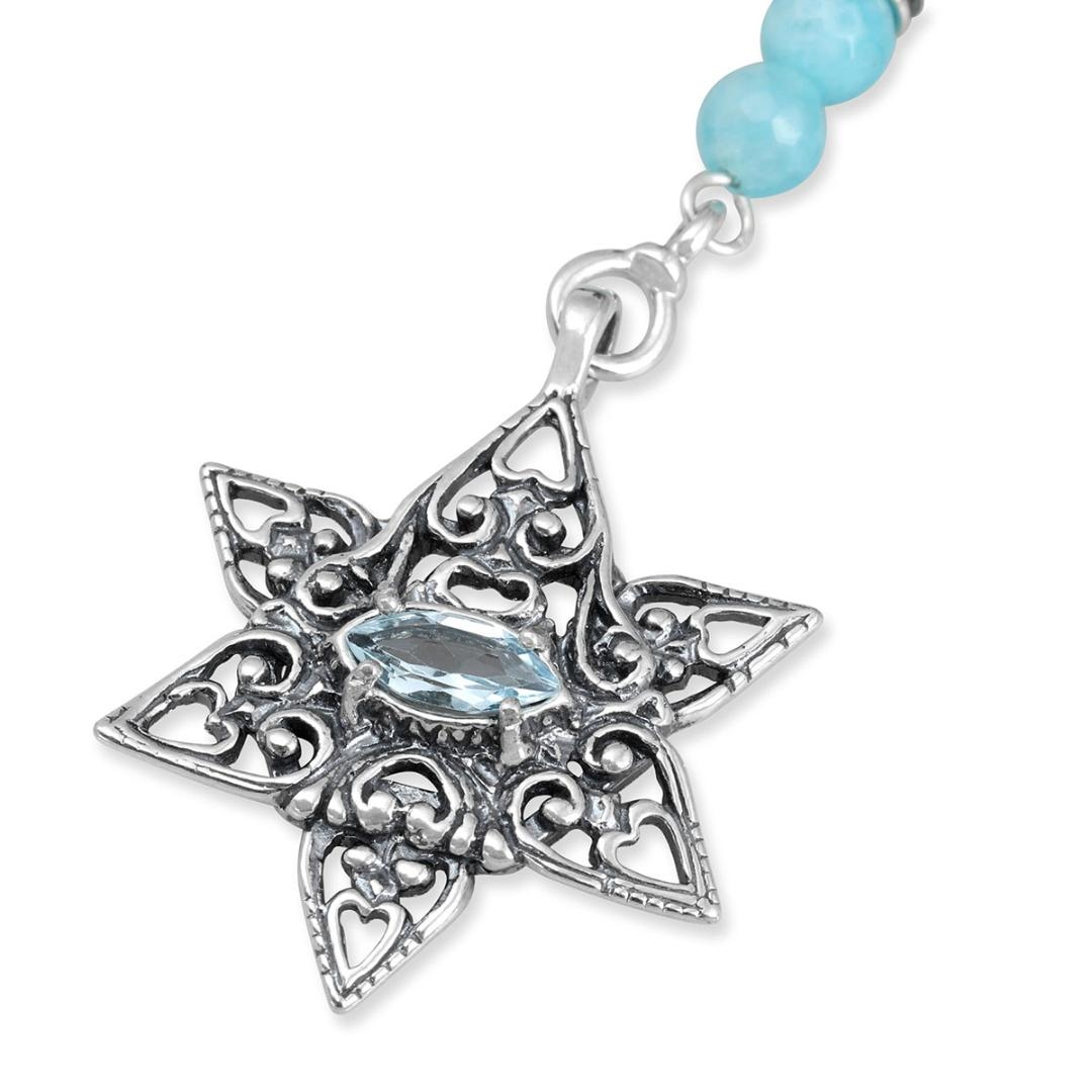 925 Sterling Silver Star of David Love Hearts Necklace with Blue Jade & Natural Topaz Stone - 1