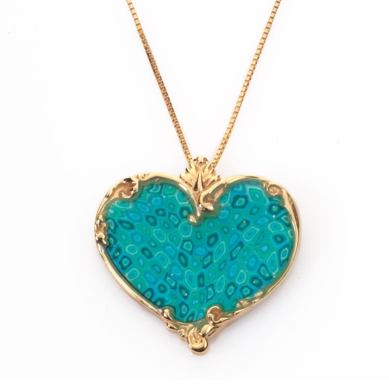 Adina Plastelina Filigree Gold Plated Heart Necklace - Turquoise (Large) - 1