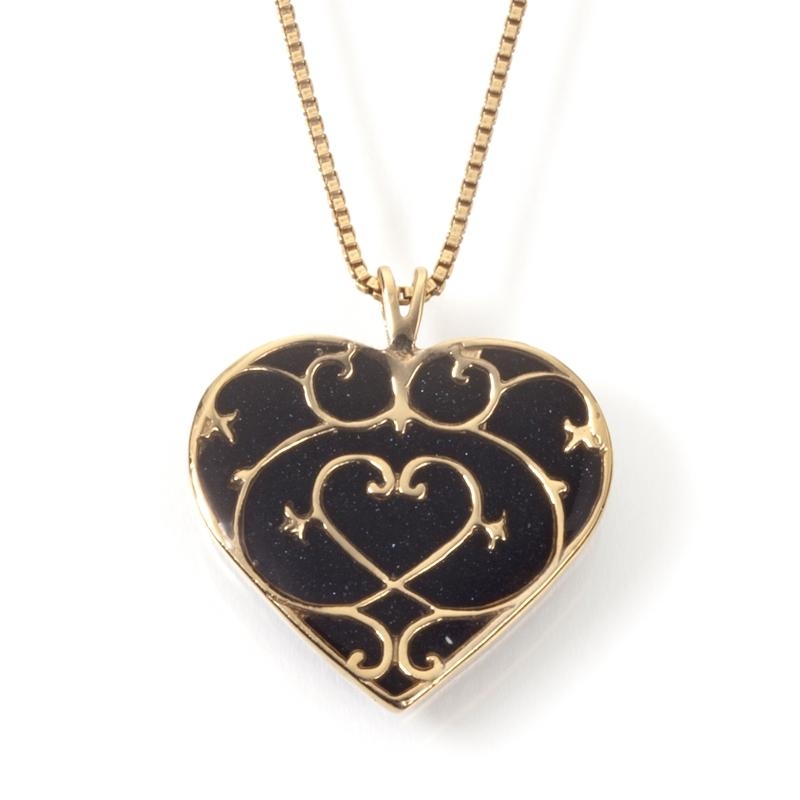 Adina Plastelina Filigree Gold Plated Silver Heart Necklace (Black) - 1