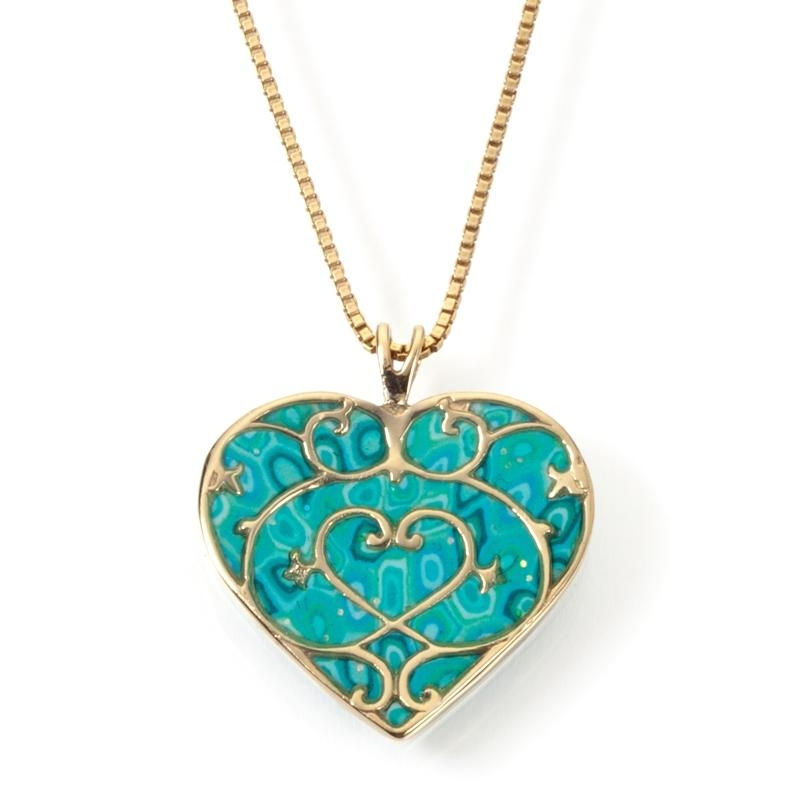 Adina Plastelina Filigree Gold Plated Silver Heart Necklace (Turquoise) - 1