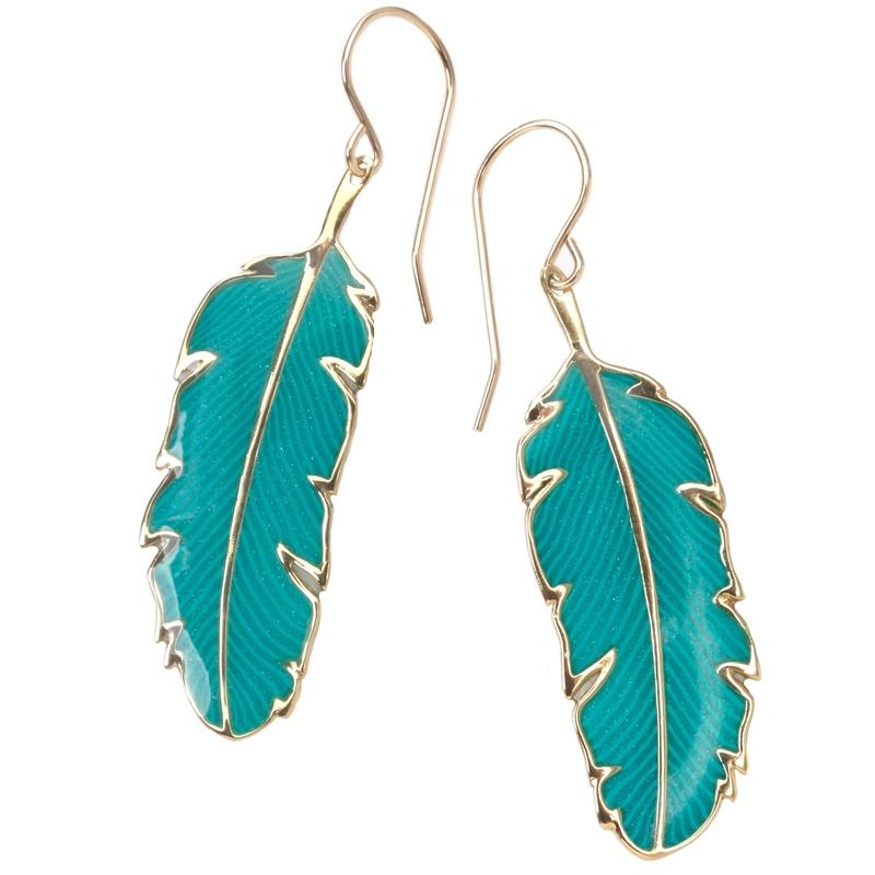 Adina Plastelina Little Gold Plated Silver Feather Earrings - Turquoise - 1
