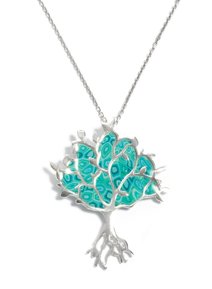  Adina Plastelina Silver Tree of Life Pendant - Turquoise - 1