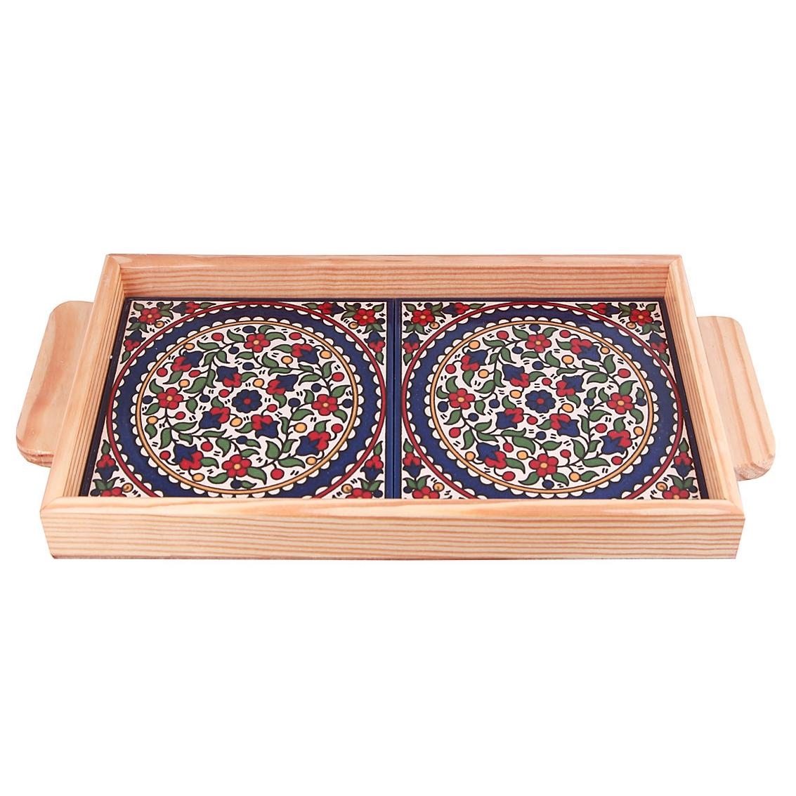  Armenian Ceramic & Wooden Tray. Colorful Pretty Flowers (Rings - B) - 1