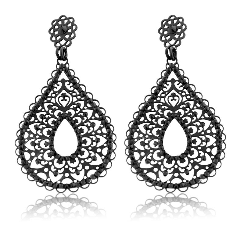 Black Jeweled Filigree Tear Drop Earrings by LK Designs - 1