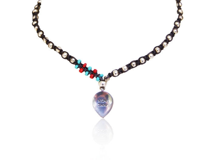  Black String and Silver Shema Yisrael Teardrop Necklace with Turquoise, Red, and Silver Beads by Or Jewelry - 1