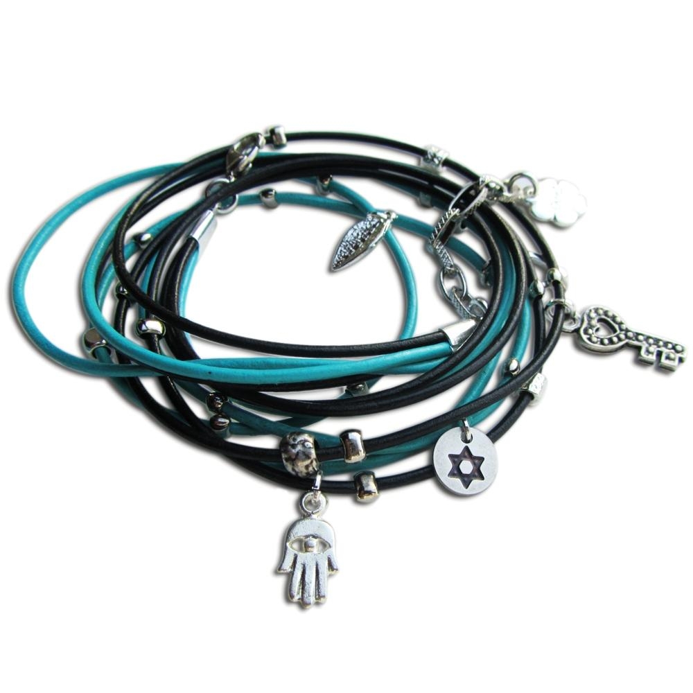 Black and Turquoise Multi-Leather Cord Wrap Bracelet with Jewish Charms  - 1