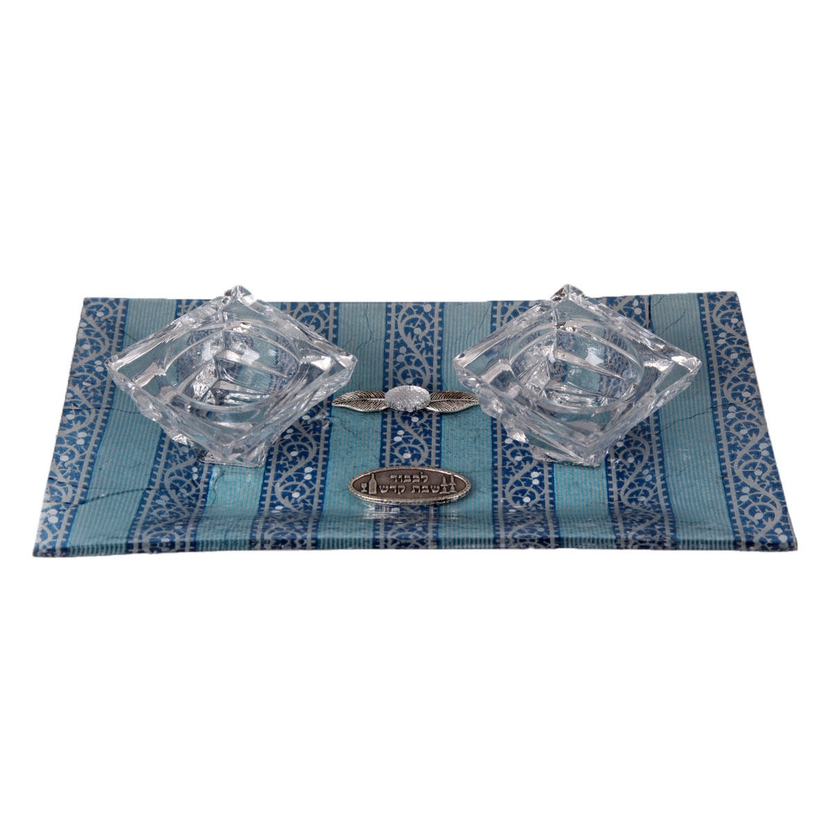 Blue & White Lace: Hand Decorated Glass Sabbath Candle Holders with Tray - 1