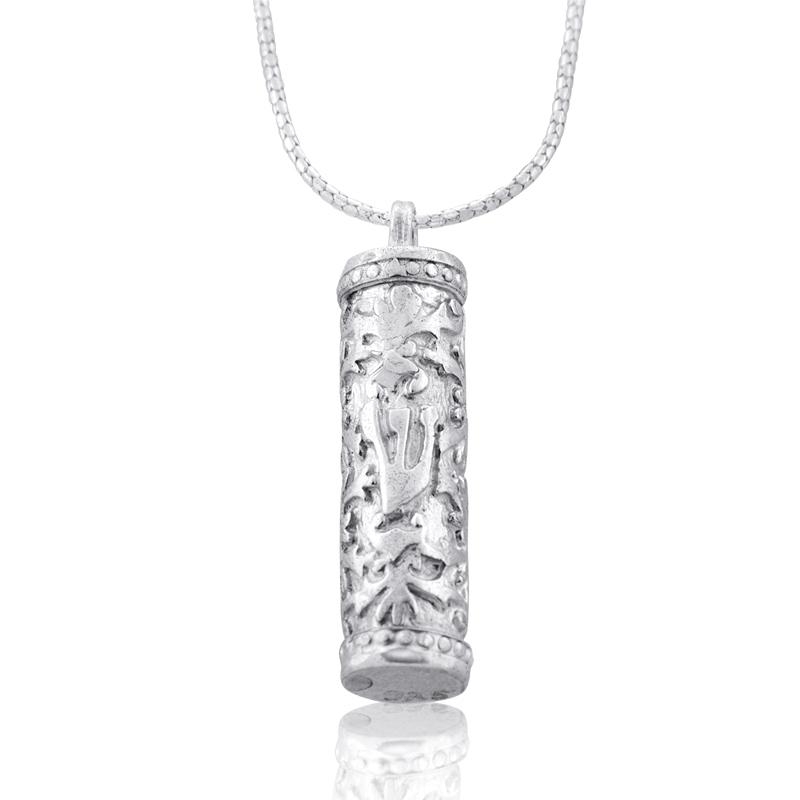 Carved Leaves: Round Sterling Silver Mezuzah Pendant with Star of David - 1