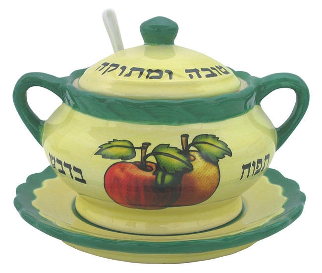  Ceramic Rosh Hashanah Honey Dish - "Apples in Honey" (Green) - 1