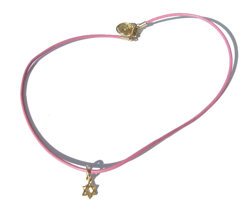  Children's Pink Leather and Gold Plated Necklace - Star of David - 1