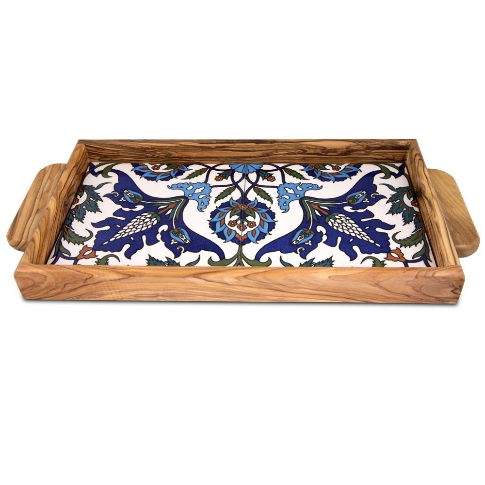 Colorful Flowers: Olive Wood & Armenian Ceramic Serving Tray - 1